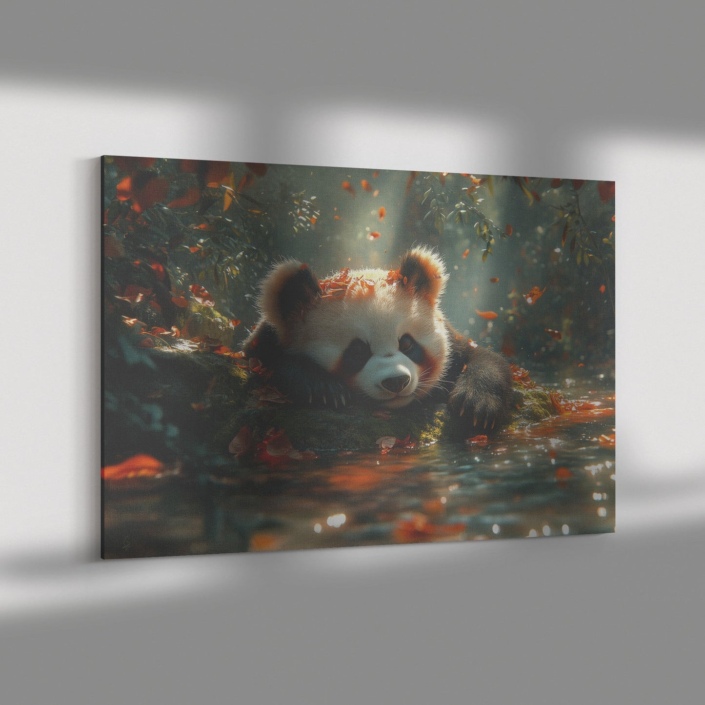 Panda Resting Peacefully on Mossy Rock Beside Glowing Crystal Clear Stream with Sunlight Filtering Through Leaves - Awakening Righteousness