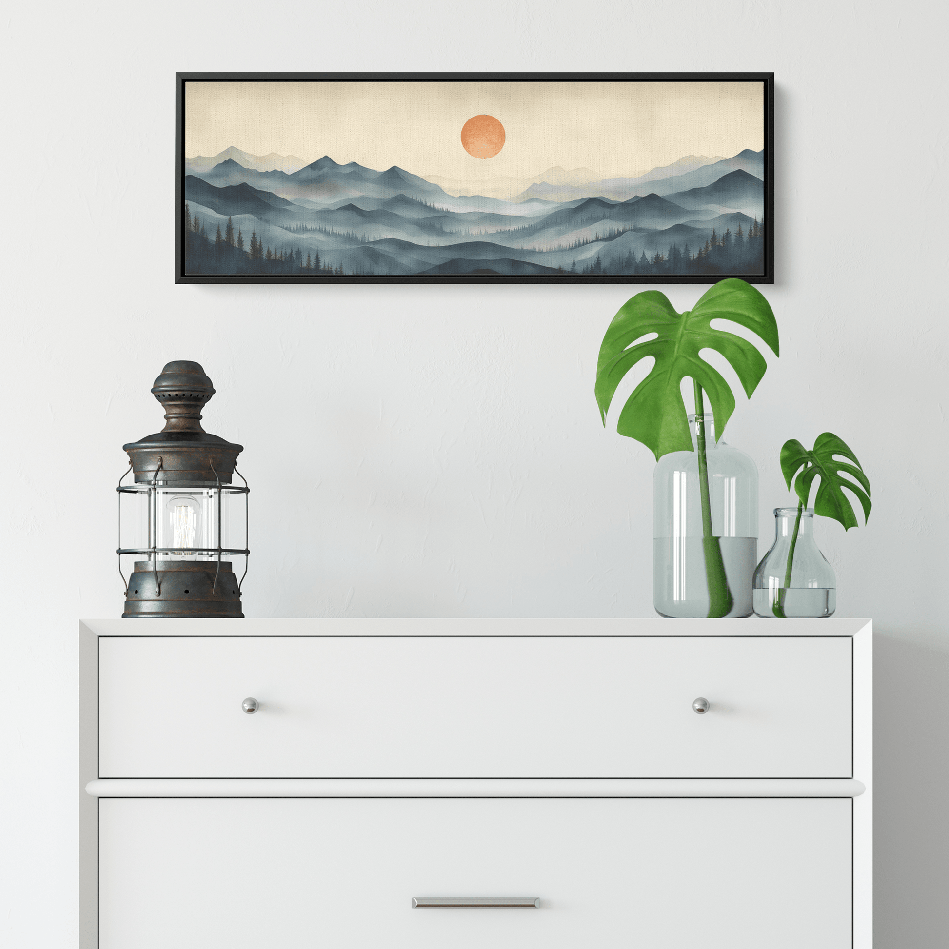 Panoramic Nature Illustration Muted Landscape Rolling Hills Beige Gray Taupe Tones Ultra High Definition Textured Minimalist Panoramic Framed Canvas Wall Art - Awakening Righteousness