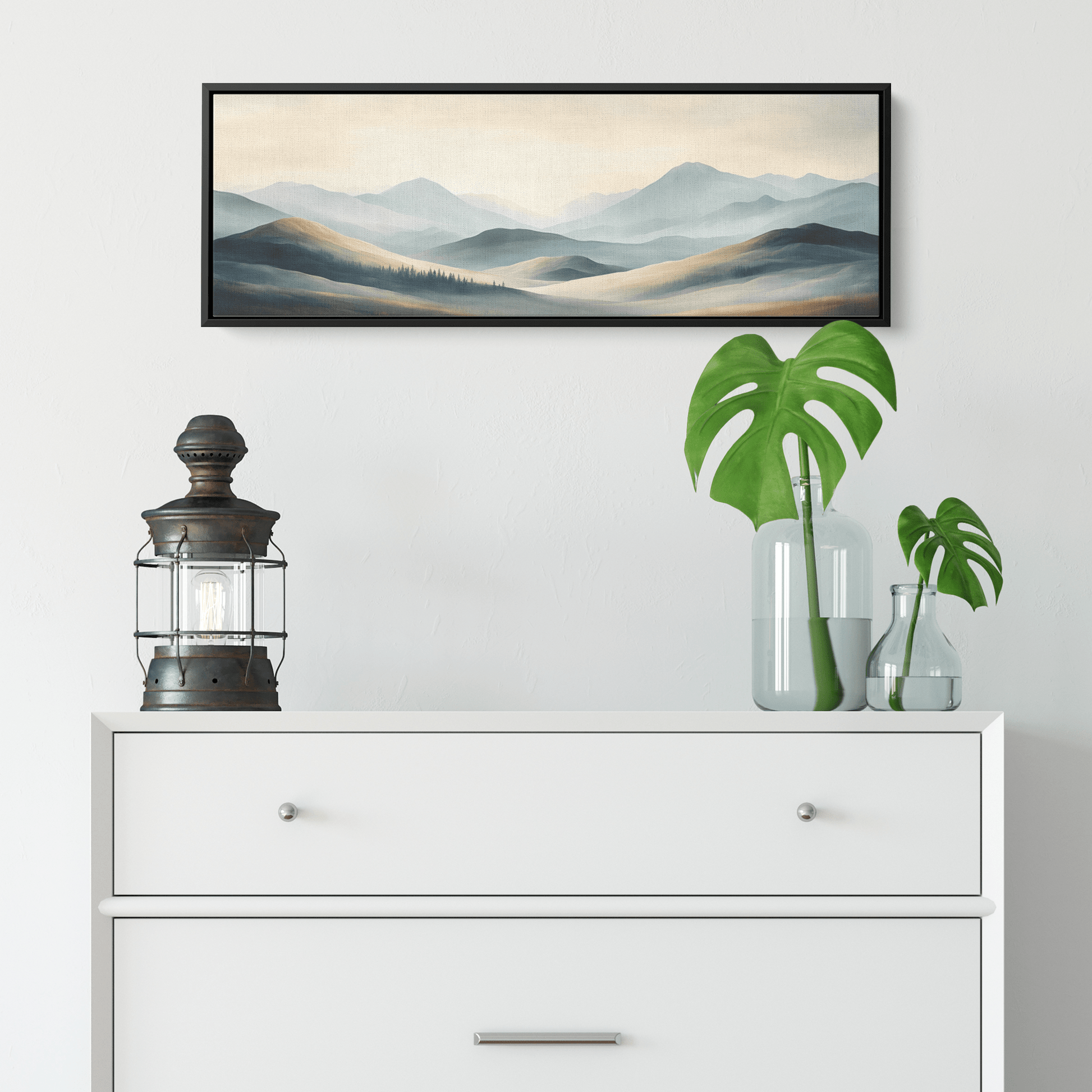 Panoramic Nature Illustration Muted Landscape Rolling Hills Beige Gray Taupe Tones Ultra High Definition Textured Minimalist Panoramic Framed Canvas Wall Art - Awakening Righteousness