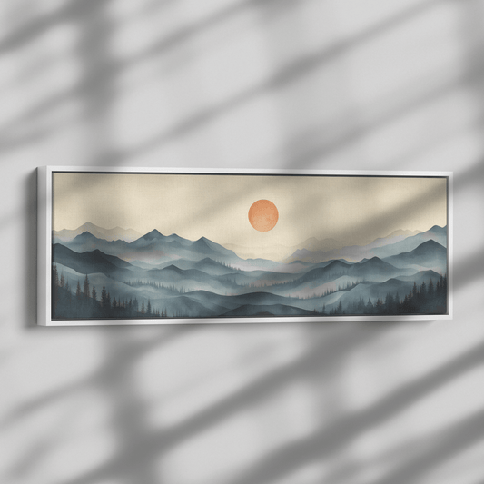 Panoramic Nature Illustration Muted Landscape Rolling Hills Beige Gray Taupe Tones Ultra High Definition Textured Minimalist Panoramic Framed Canvas Wall Art - Awakening Righteousness