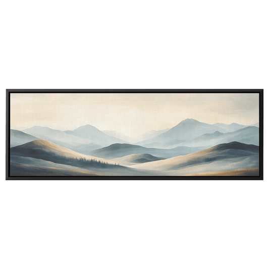 Panoramic Nature Illustration Muted Landscape Rolling Hills Beige Gray Taupe Tones Ultra High Definition Textured Minimalist Panoramic Framed Canvas Wall Art - Awakening Righteousness