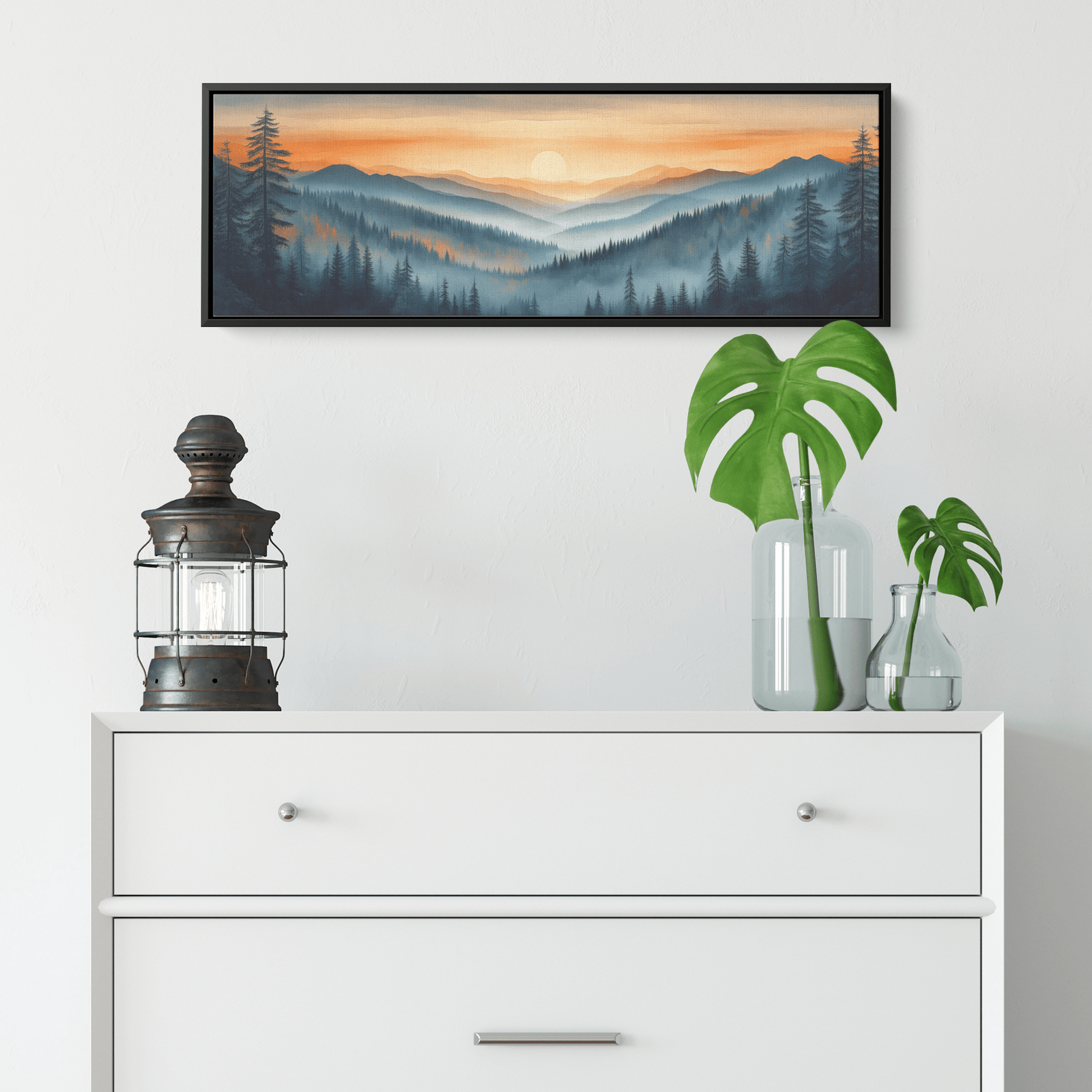 Panoramic Nature Illustration Rolling Hills Sparse Forests Minimalist Linework Soft Gray Beige Tones Ultra High Definition Serene Design Panoramic Framed Canvas Wall Art - Awakening Righteousness