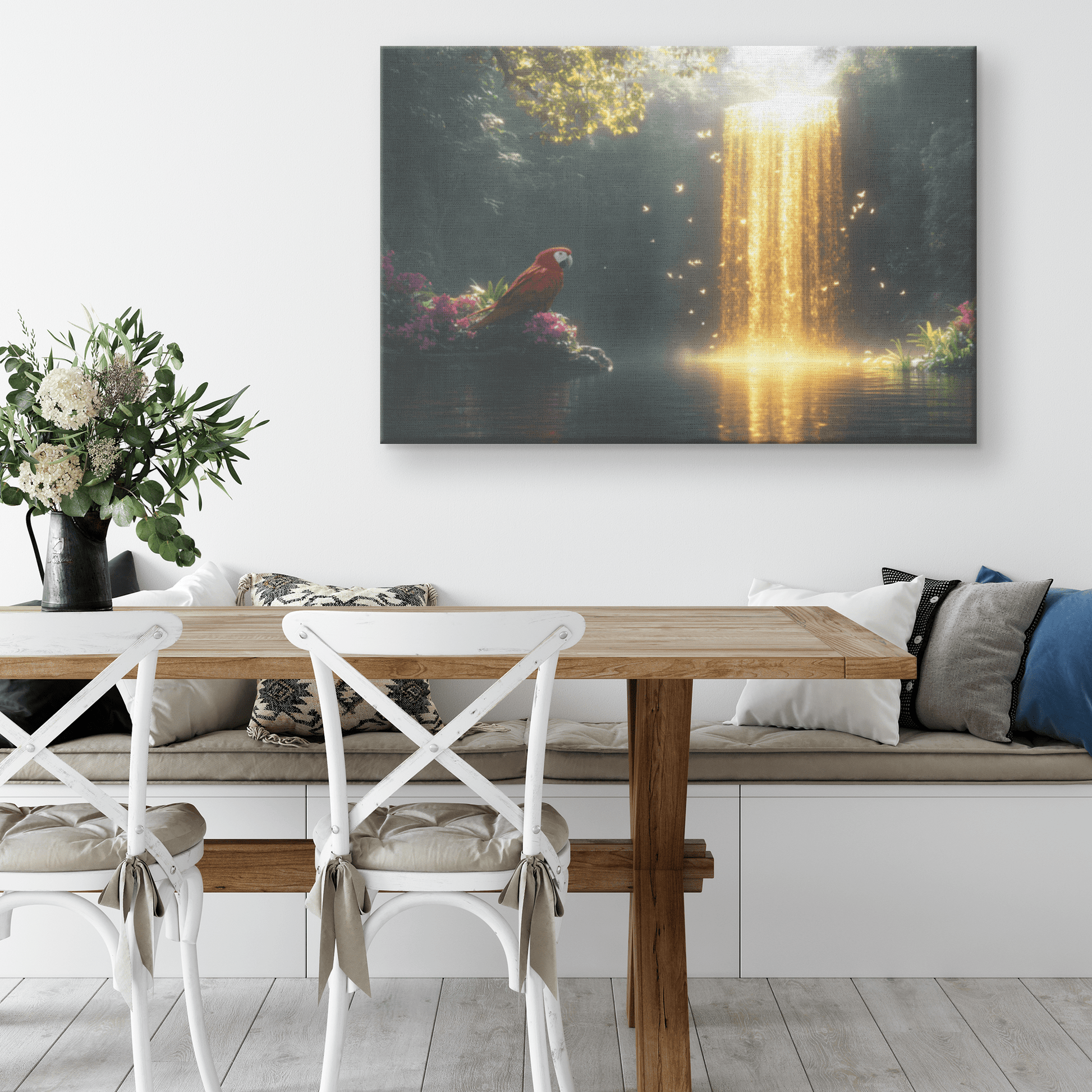 Parrot Near Glowing Crystal Waterfall Surrounded By Lush Plants And Golden Mist Canvas Wall Art Decor - Awakening Righteousness