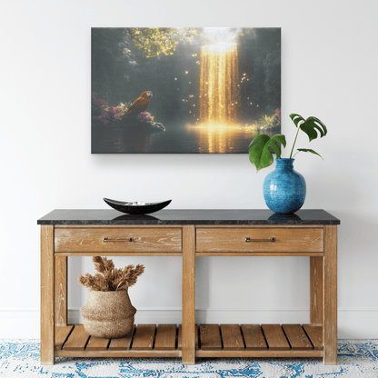 Parrot Near Glowing Crystal Waterfall Surrounded By Lush Plants And Golden Mist Canvas Wall Art Decor - Awakening Righteousness