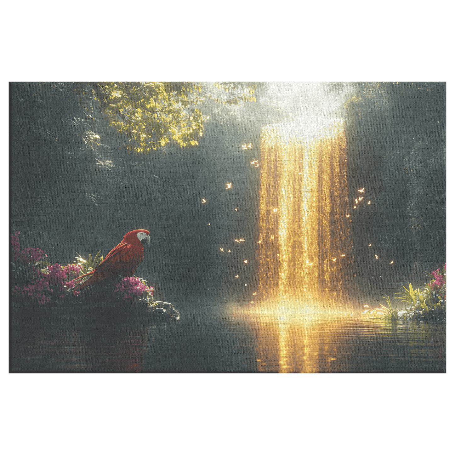 Parrot Near Glowing Crystal Waterfall Surrounded By Lush Plants And Golden Mist Canvas Wall Art Decor - Awakening Righteousness