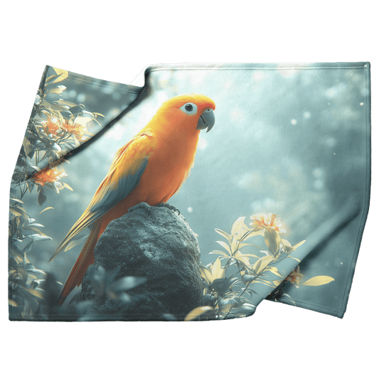 Parrot Perched on Ancient Glowing Stone Surrounded by Dense Mist and Bioluminescent Forest Plants Fleece Sherpa Blanket - Awakening Righteousness