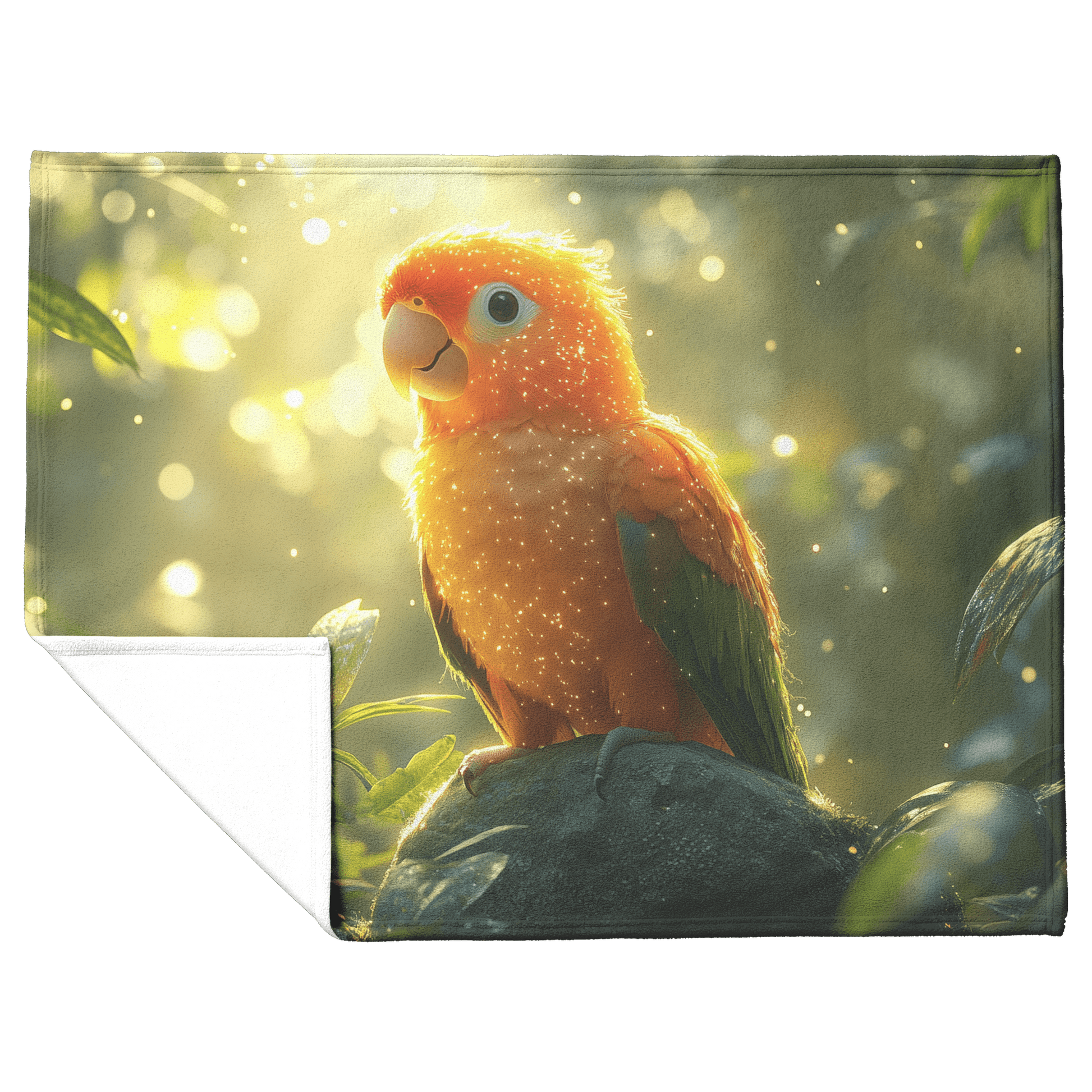 Parrot Perched on Ancient Glowing Stone Surrounded by Dense Mist and Bioluminescent Forest Plants Fleece Sherpa Blanket - Awakening Righteousness