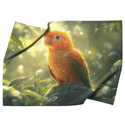 Parrot Perched on Ancient Glowing Stone Surrounded by Dense Mist and Bioluminescent Forest Plants Fleece Sherpa Blanket - Awakening Righteousness