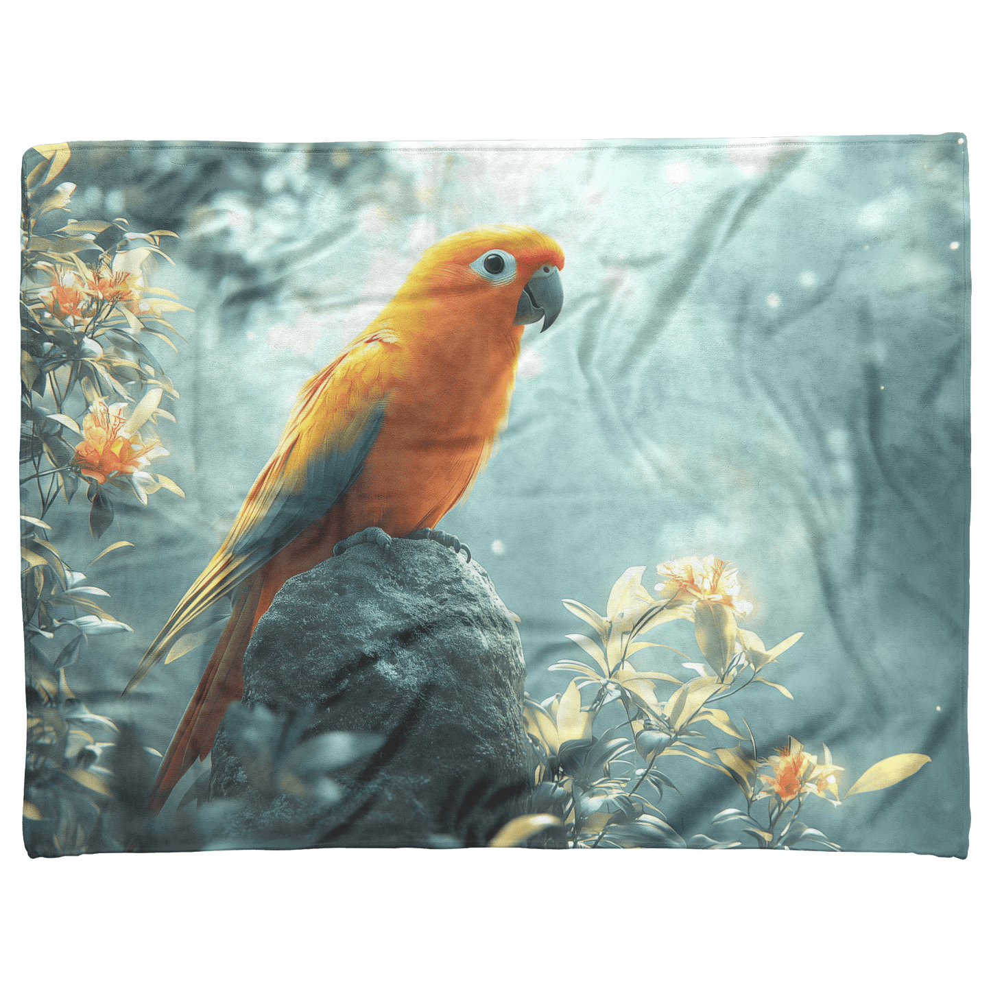 Parrot Perched on Ancient Glowing Stone Surrounded by Dense Mist and Bioluminescent Forest Plants Fleece Sherpa Blanket - Awakening Righteousness