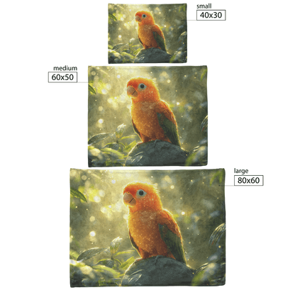 Parrot Perched on Ancient Glowing Stone Surrounded by Dense Mist and Bioluminescent Forest Plants Fleece Sherpa Blanket - Awakening Righteousness