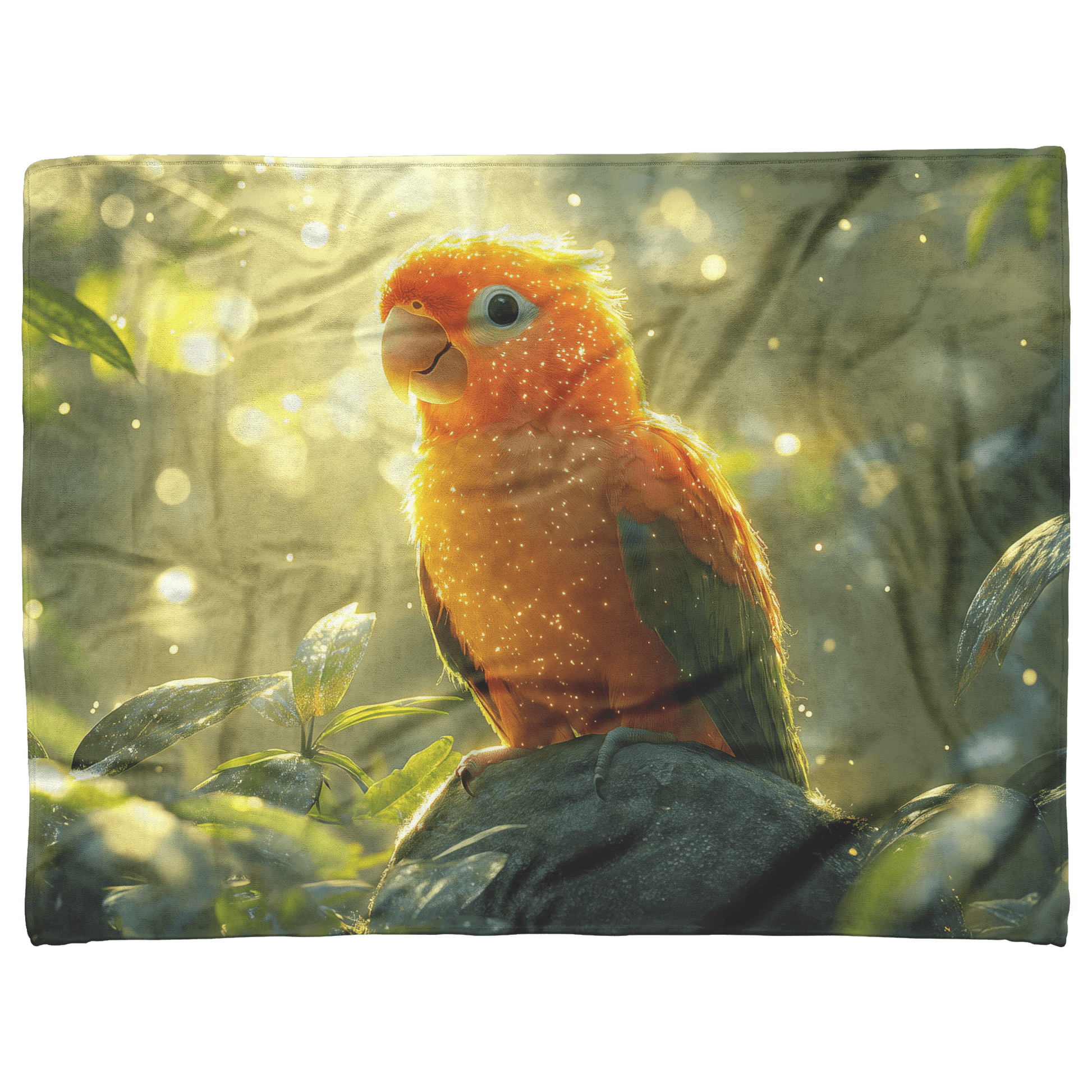 Parrot Perched on Ancient Glowing Stone Surrounded by Dense Mist and Bioluminescent Forest Plants Fleece Sherpa Blanket - Awakening Righteousness