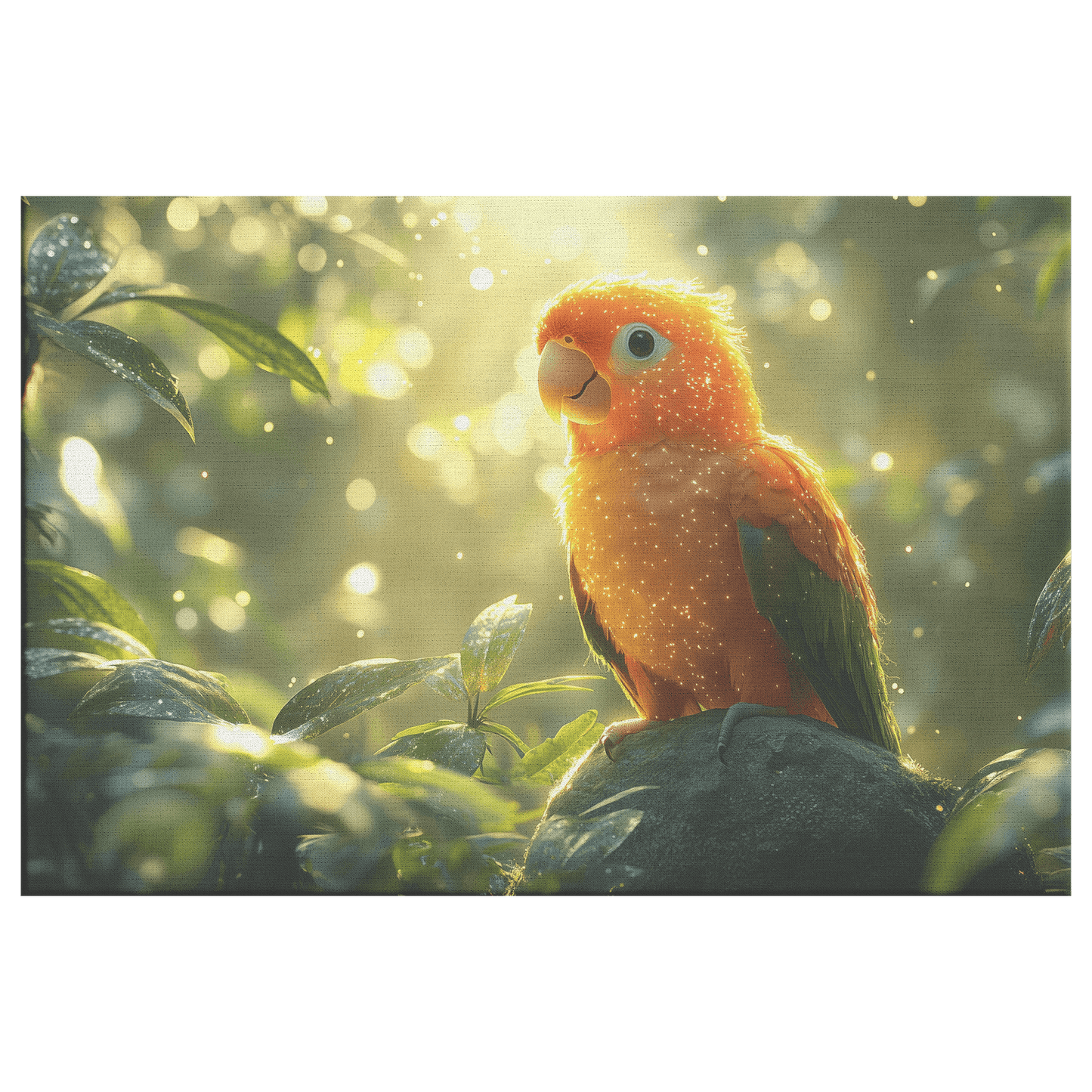 Parrot Perched On Ancient Glowing Stone Surrounded By Mist And Bioluminescent Forest Plants Canvas Wall Art Decor - Awakening Righteousness
