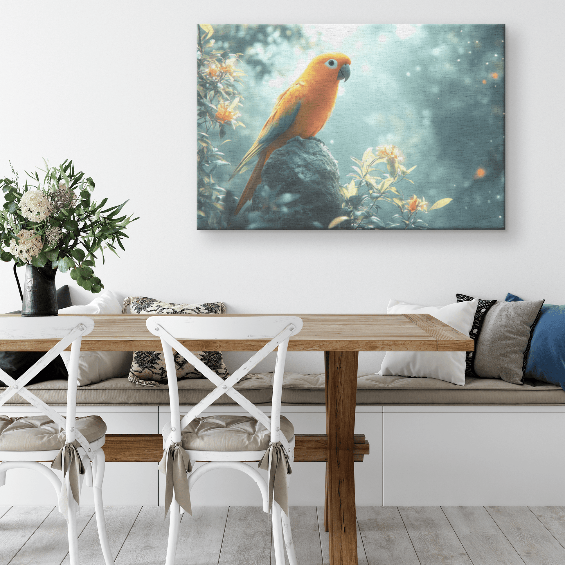 Parrot Perched On Ancient Glowing Stone Surrounded By Mist And Bioluminescent Forest Plants Canvas Wall Art Decor - Awakening Righteousness