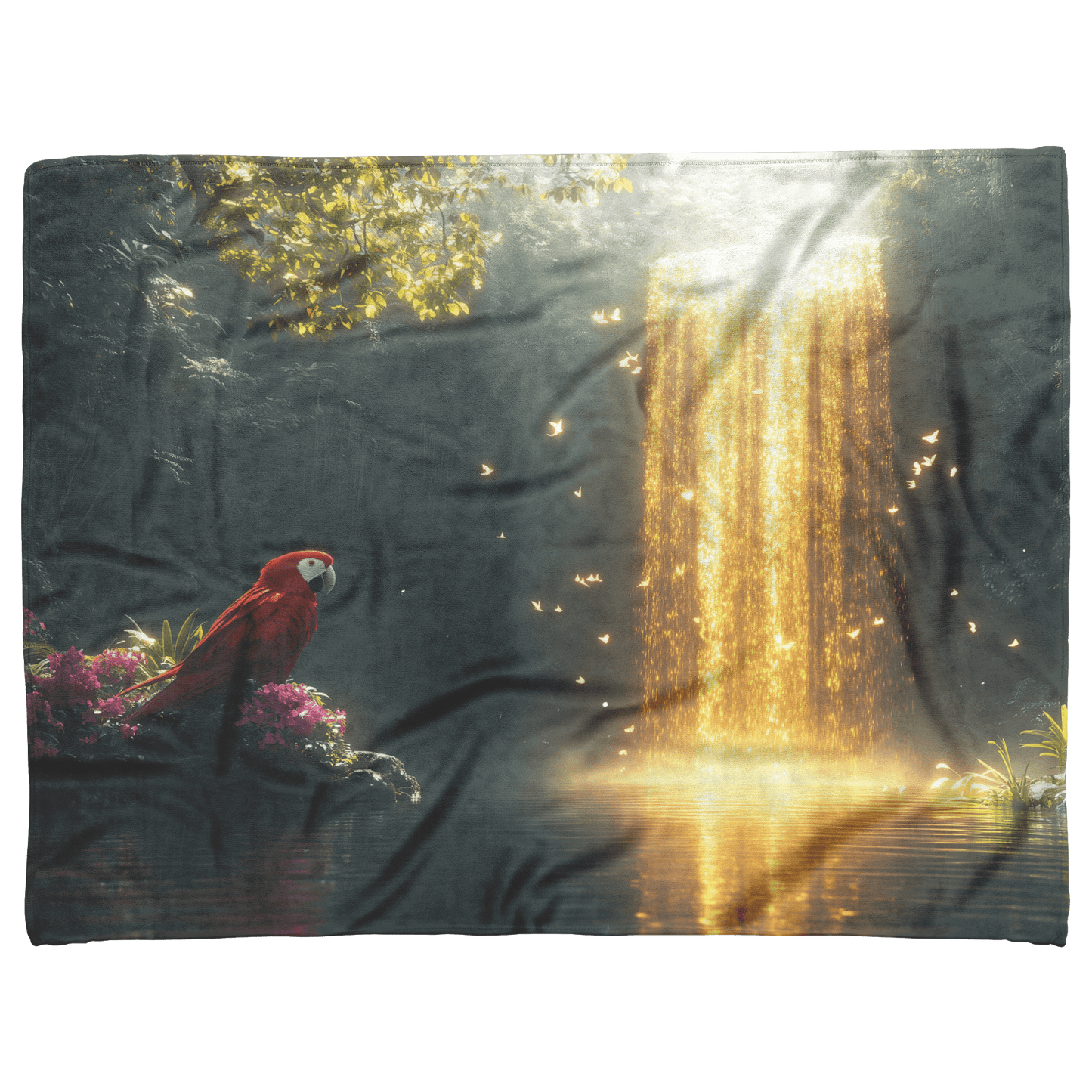 Parrot Sitting Near Glowing Crystal Clear Waterfall Surrounded by Lush Plants and Golden Mist Fleece Sherpa Blanket - Awakening Righteousness