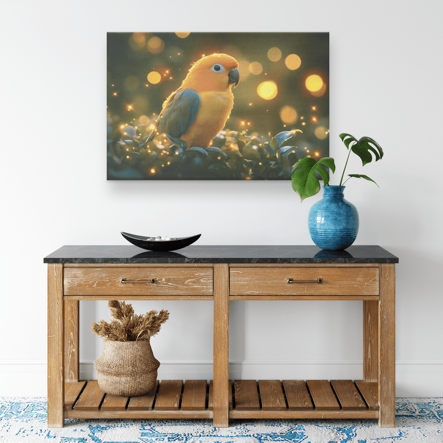 Parrot Surrounded By Glowing Fireflies In Magical Tropical Garden Peaceful And Ethereal Canvas Wall Art Decor - Awakening Righteousness