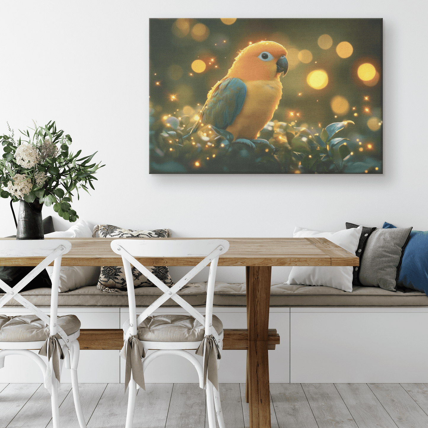 Parrot Surrounded By Glowing Fireflies In Magical Tropical Garden Peaceful And Ethereal Canvas Wall Art Decor - Awakening Righteousness