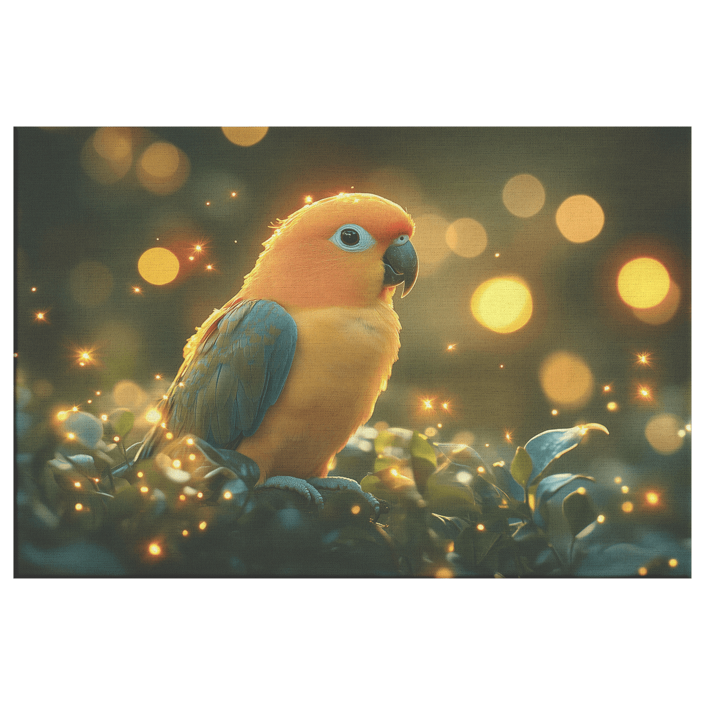 Parrot Surrounded By Glowing Fireflies In Magical Tropical Garden Peaceful And Ethereal Canvas Wall Art Decor - Awakening Righteousness