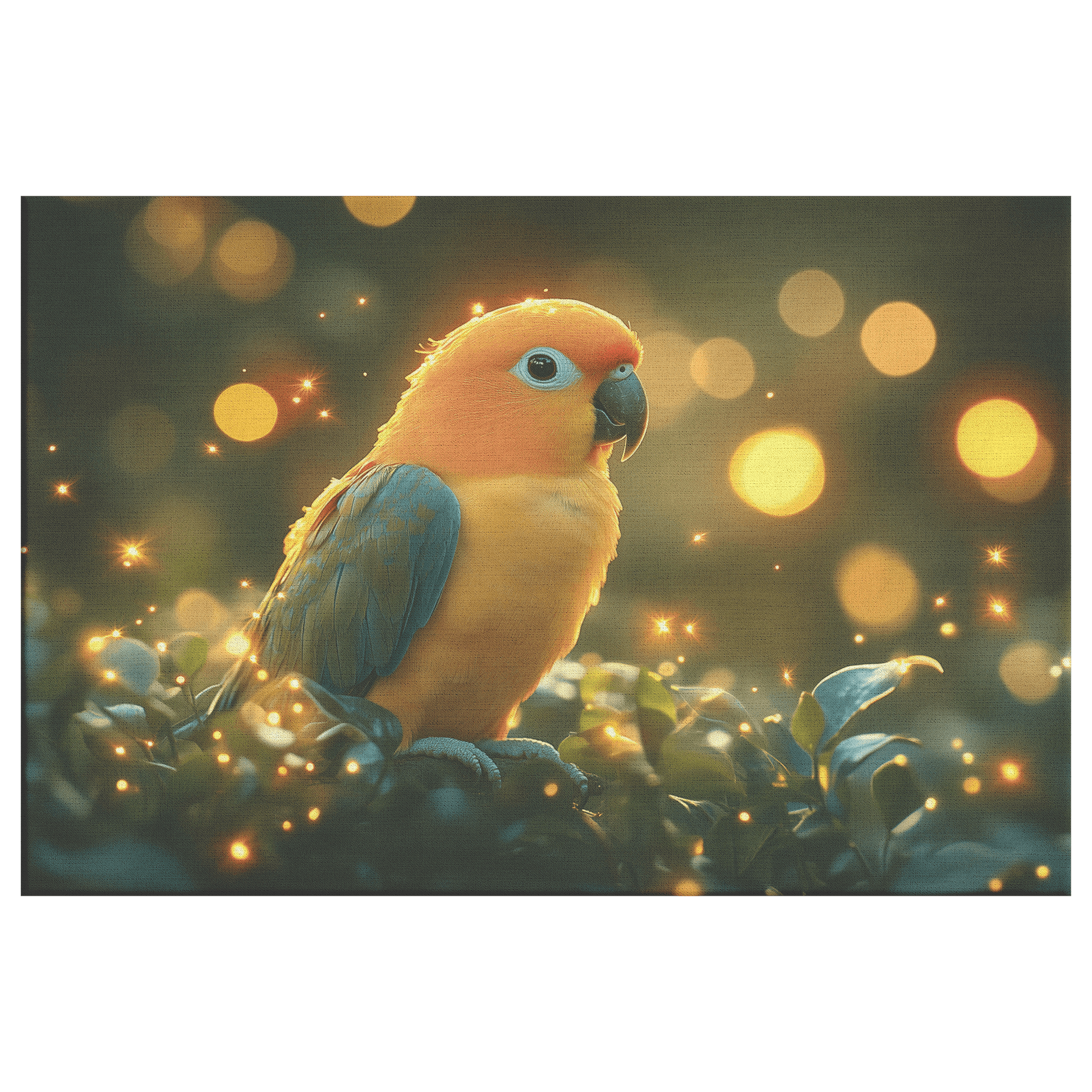 Parrot Surrounded By Glowing Fireflies In Magical Tropical Garden Peaceful And Ethereal Canvas Wall Art Decor - Awakening Righteousness