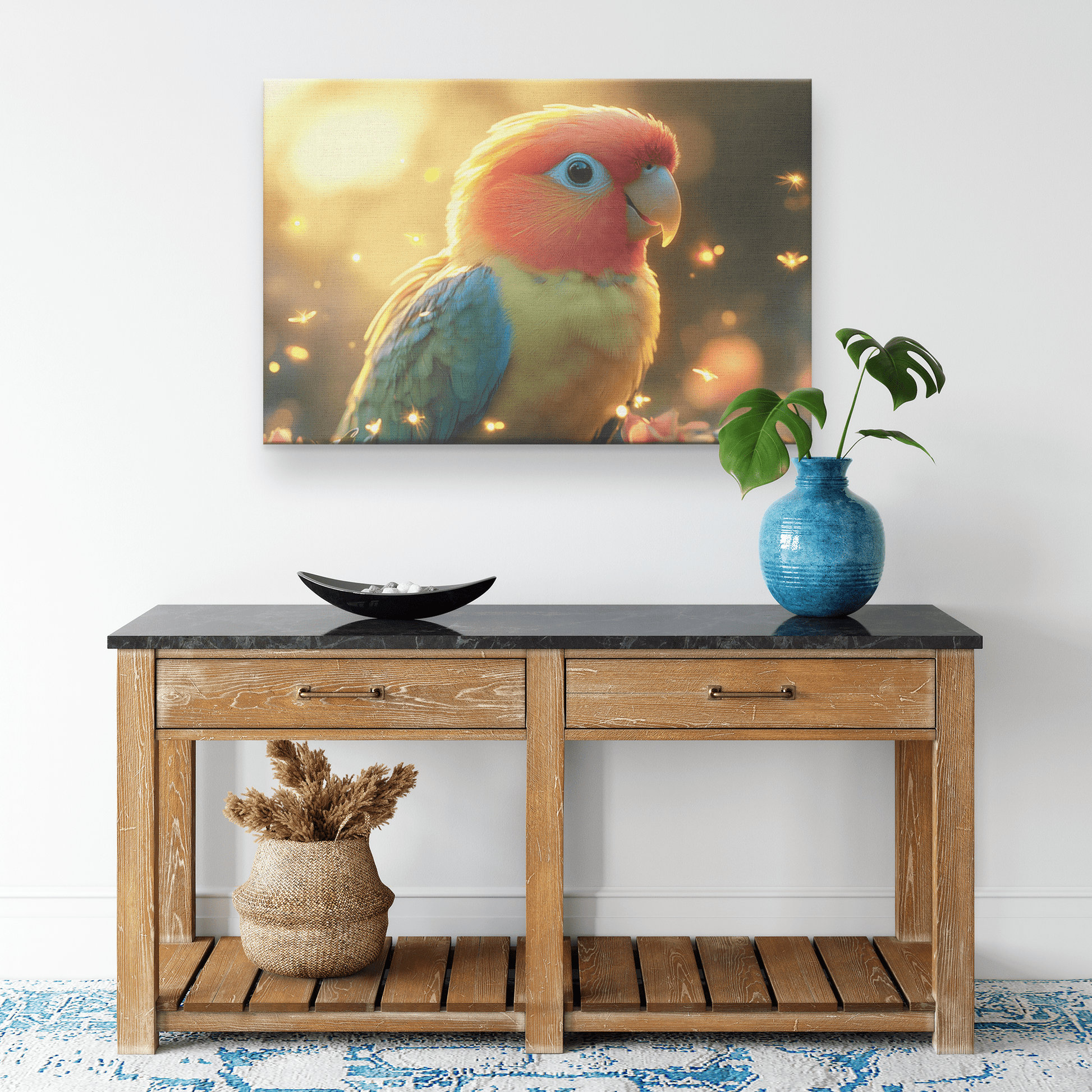 Parrot Surrounded By Glowing Fireflies In Magical Tropical Garden Under Starry Night Sky Canvas Wall Art Decor - Awakening Righteousness