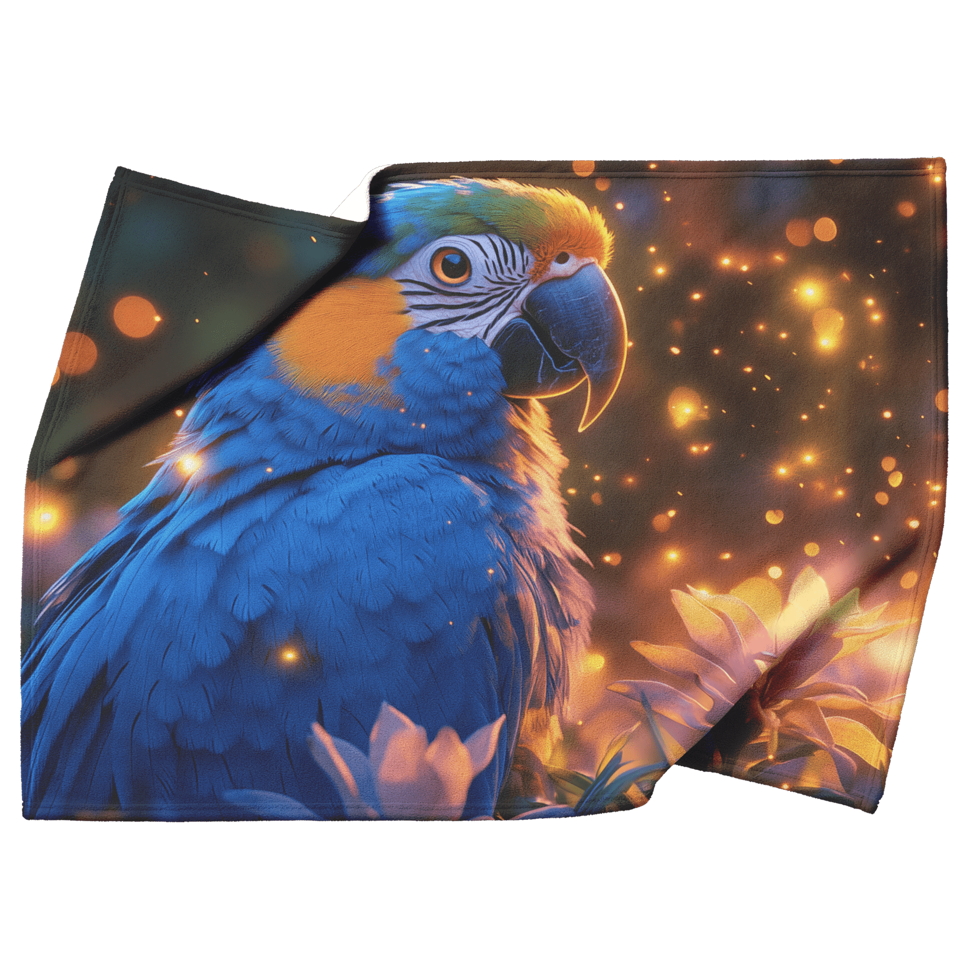 Parrot Surrounded by Glowing Fireflies in Magical Tropical Garden Under Starry Night Sky Fleece Sherpa Blanket - Awakening Righteousness