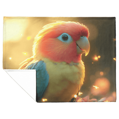 Parrot Surrounded by Glowing Fireflies in Magical Tropical Garden Under Vibrant Sunset Fleece Sherpa Blanket - Awakening Righteousness