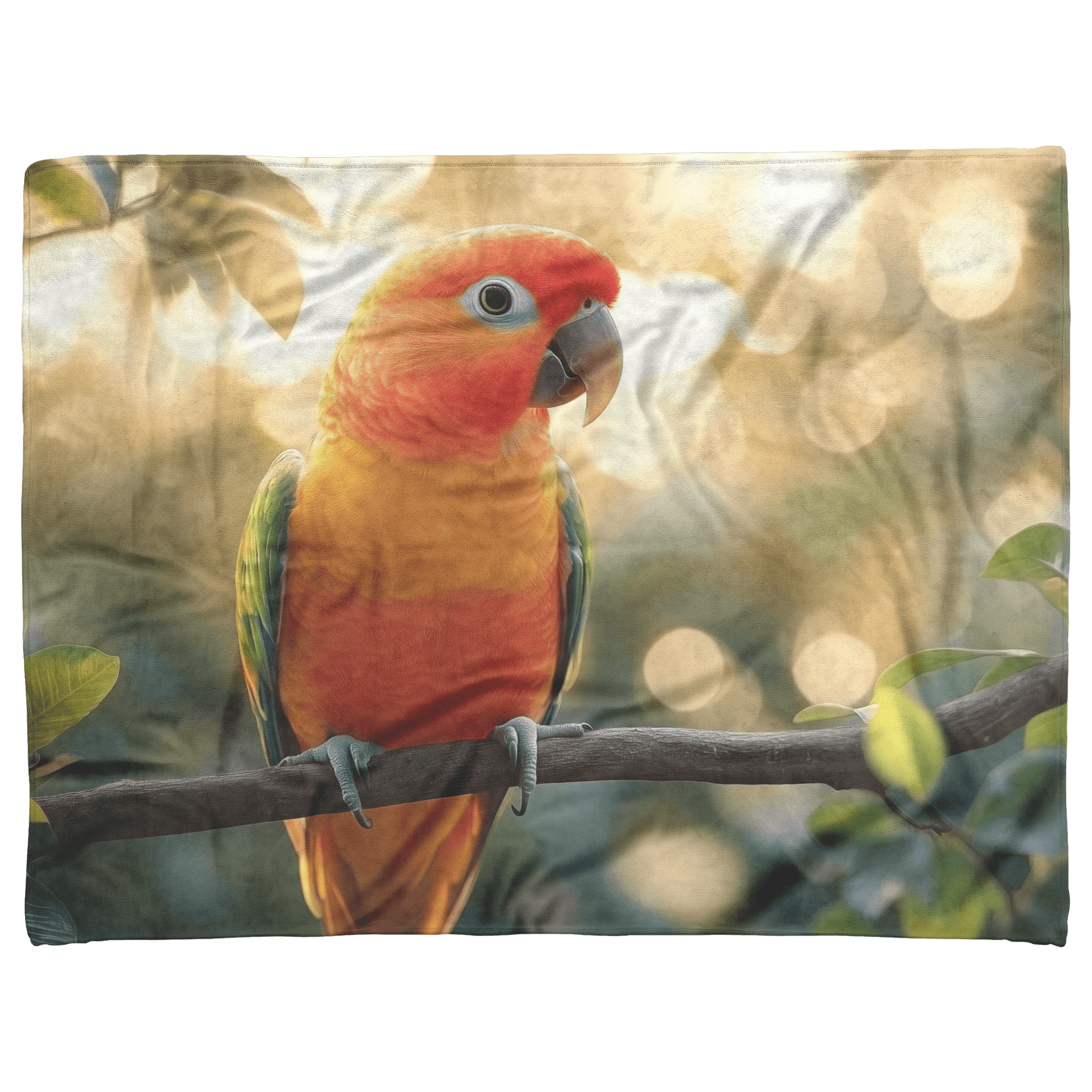 Parrot With Glowing Feathers Sitting on Wooden Perch Surrounded by Tropical Light Filtering Through Leaves Fleece Sherpa Blanket - Awakening Righteousness