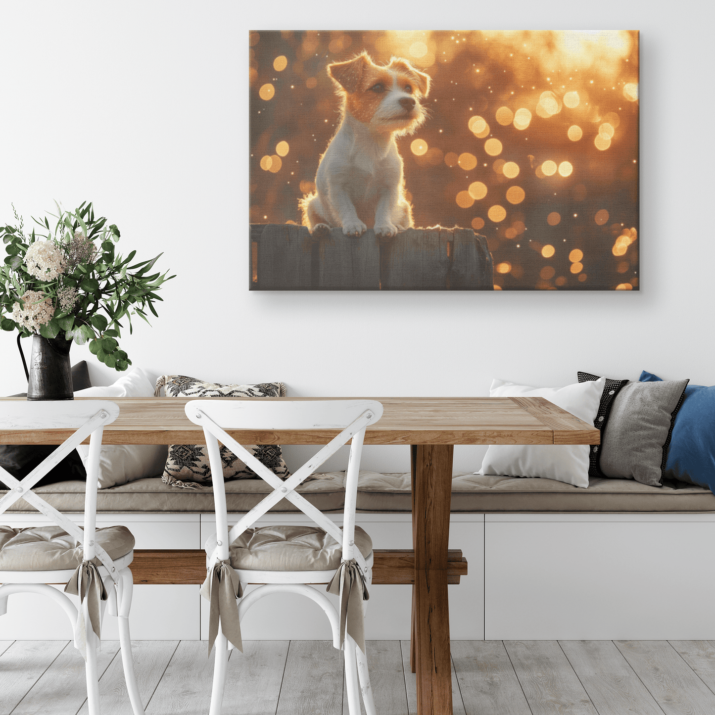 Parson Russell Terrier By Rustic Wooden Fence With Shimmering Stars And Cascading Silver Light Canvas Wall Art Decor - Awakening Righteousness
