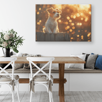 Parson Russell Terrier By Rustic Wooden Fence With Shimmering Stars And Cascading Silver Light Canvas Wall Art Decor - Awakening Righteousness