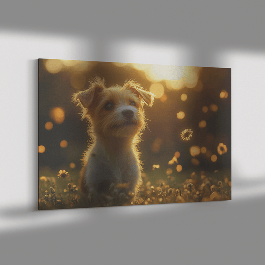 Parson Russell Terrier In Lush Green Meadow With Glowing Fur And Golden Light Trails Canvas Wall Art Decor - Awakening Righteousness