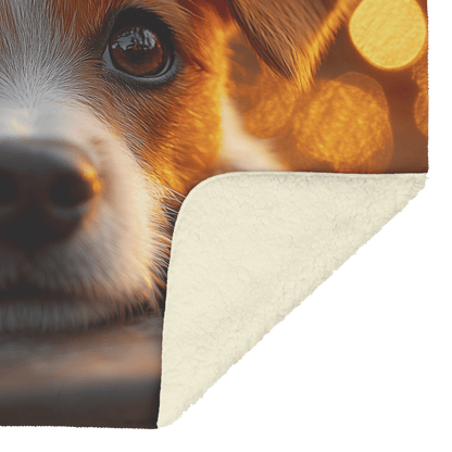 Parson Russell Terrier Lying on Wooden Deck Surrounded by Shimmering Golden Textures and Glowing Light Rays Fleece Sherpa Blanket - Awakening Righteousness