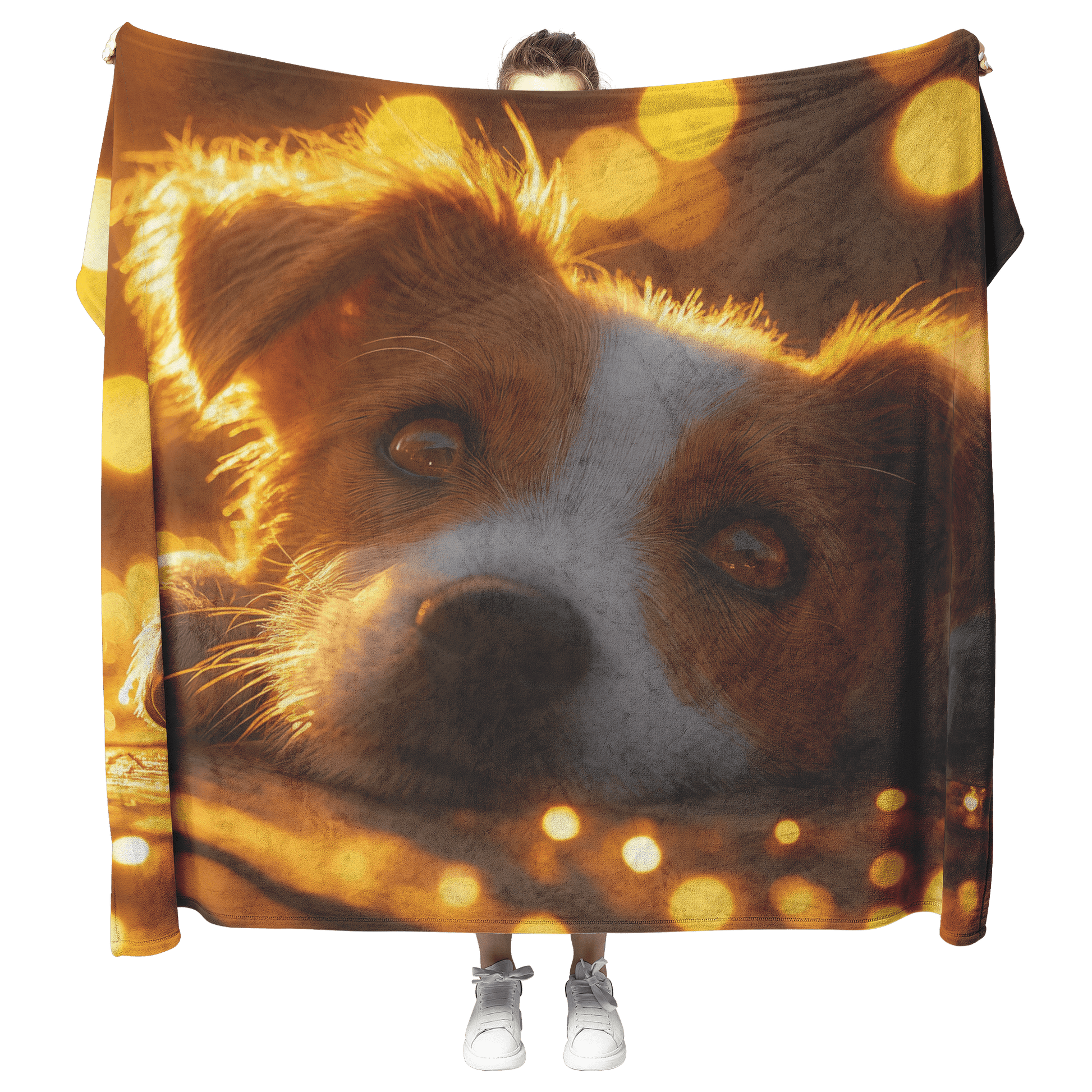 Parson Russell Terrier Lying on Wooden Deck Surrounded by Shimmering Golden Textures and Glowing Light Rays Fleece Sherpa Blanket - Awakening Righteousness