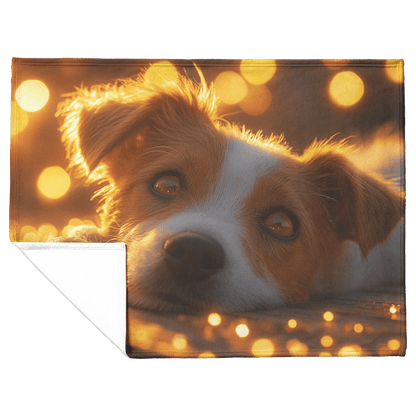 Parson Russell Terrier Lying on Wooden Deck Surrounded by Shimmering Golden Textures and Glowing Light Rays Fleece Sherpa Blanket - Awakening Righteousness