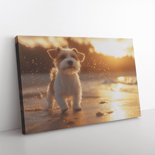 Parson Russell Terrier On Beach With Shimmering Golden Sand And Radiant Cosmic Reflections Canvas Wall Art Decor - Awakening Righteousness