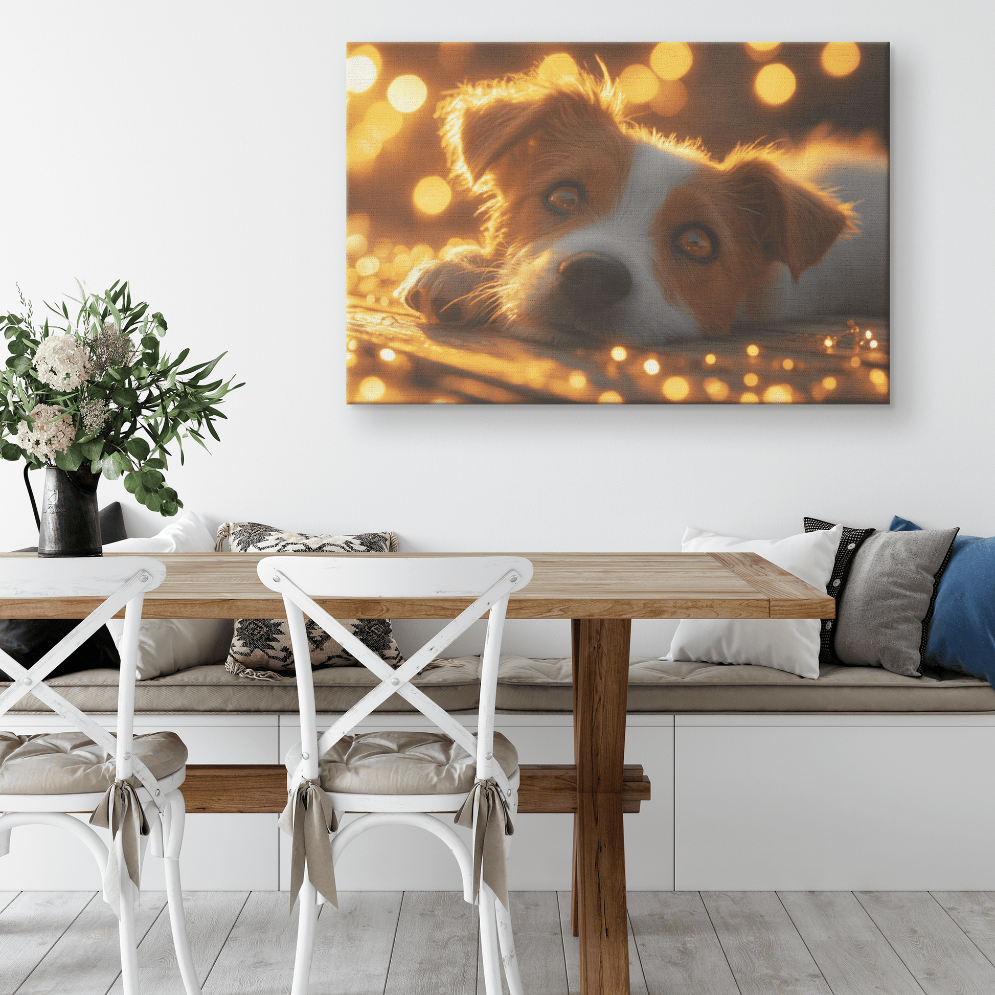 Parson Russell Terrier On Wooden Deck With Shimmering Golden Textures And Glowing Light Rays Canvas Wall Art Decor - Awakening Righteousness