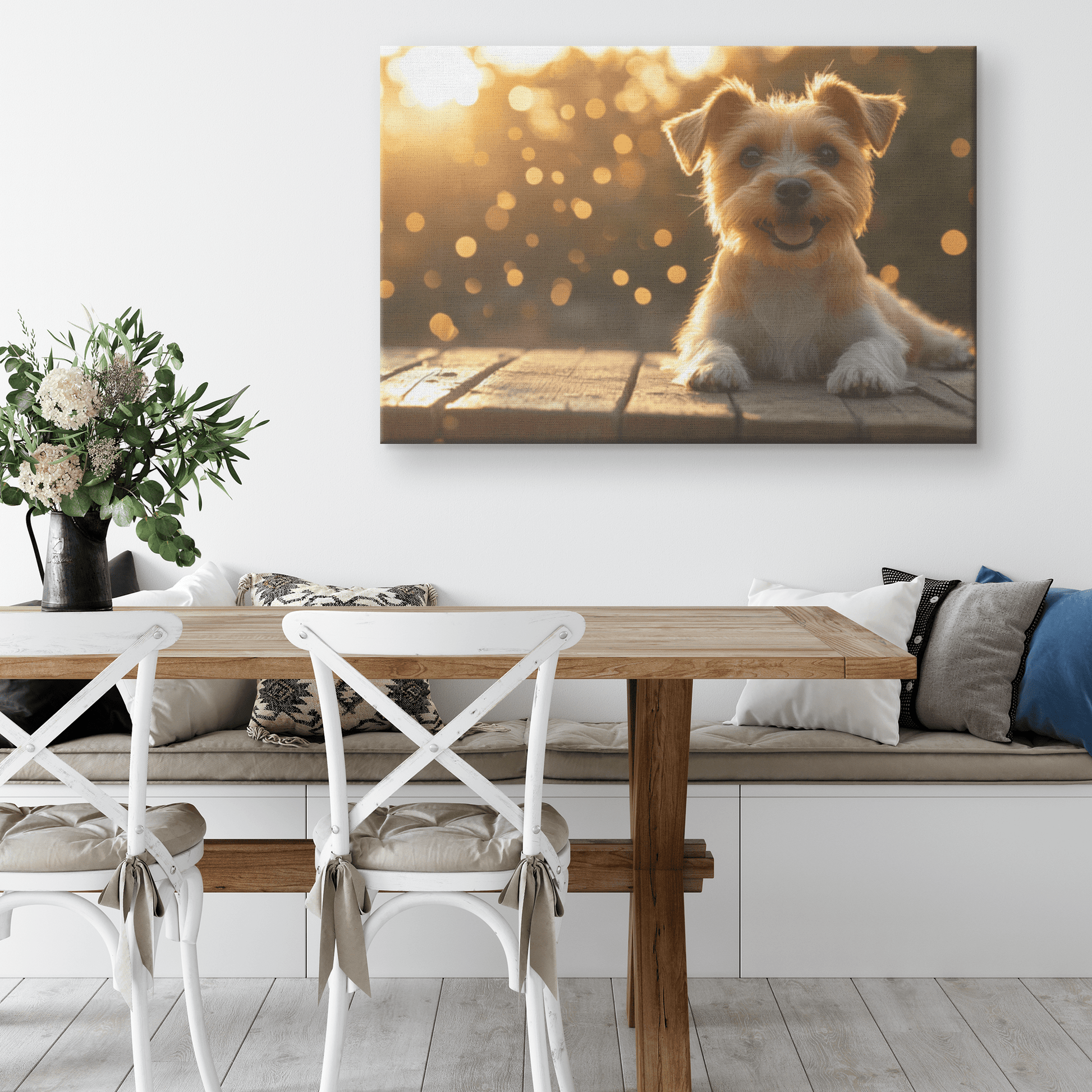 Parson Russell Terrier On Wooden Deck With Shimmering Golden Textures And Glowing Light Rays Canvas Wall Art Decor - Awakening Righteousness