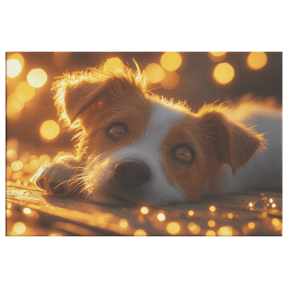 Parson Russell Terrier On Wooden Deck With Shimmering Golden Textures And Glowing Light Rays Canvas Wall Art Decor - Awakening Righteousness