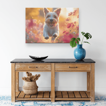 Parson Russell Terrier Running Through Wildflower Field With Shimmering Stars And Cosmic Textures Canvas Wall Art Decor - Awakening Righteousness