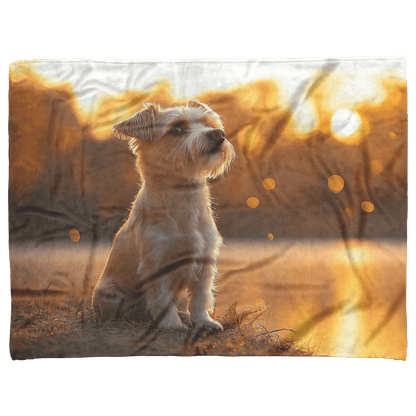 Parson Russell Terrier Sitting by Lake at Sunset Surrounded by Golden Textures and Cosmic Mist Fleece Sherpa Blanket - Awakening Righteousness