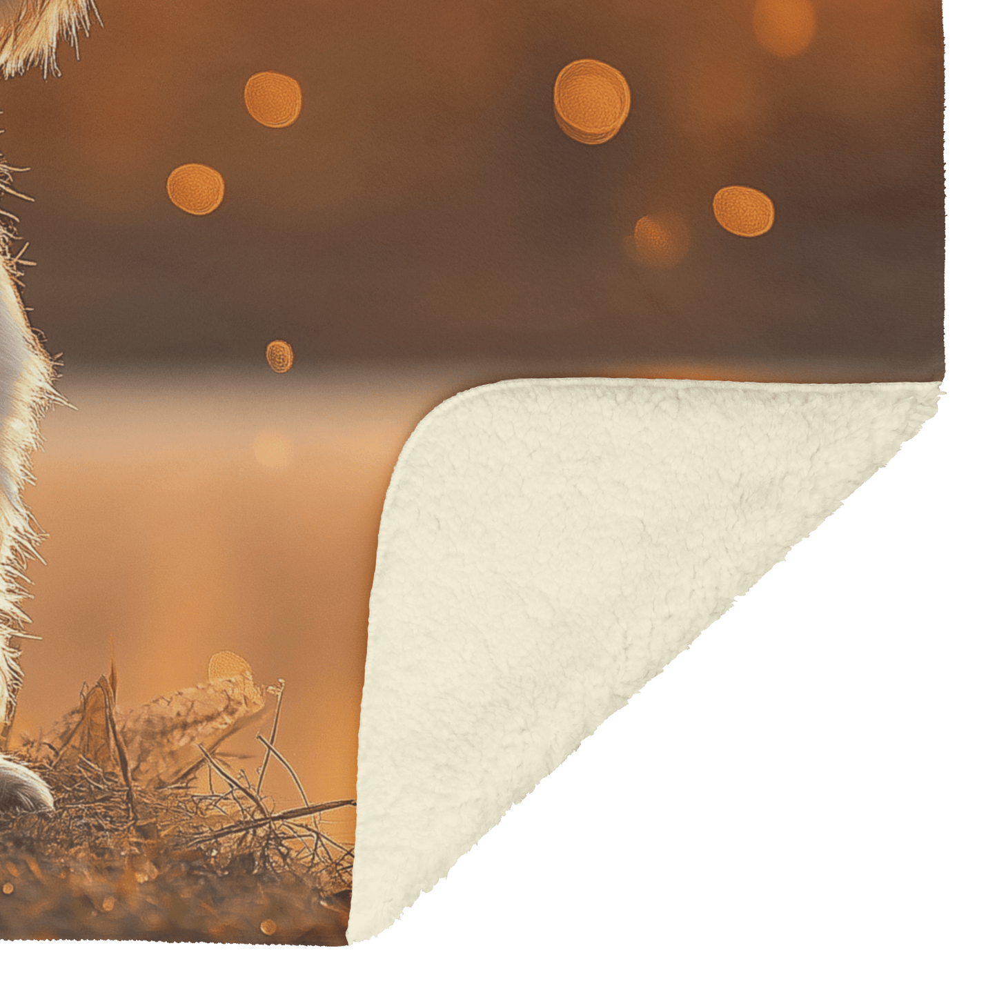 Parson Russell Terrier Sitting by Lake at Sunset Surrounded by Golden Textures and Cosmic Mist Fleece Sherpa Blanket - Awakening Righteousness