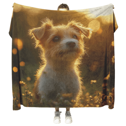 Parson Russell Terrier Standing in Lush Green Meadow Surrounded by Golden Light Trails With Glowing Fur Fleece Sherpa Blanket - Awakening Righteousness