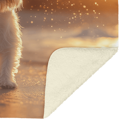 Parson Russell Terrier Standing on Beach Surrounded by Shimmering Golden Sand and Radiant Cosmic Reflections Fleece Sherpa Blanket - Awakening Righteousness