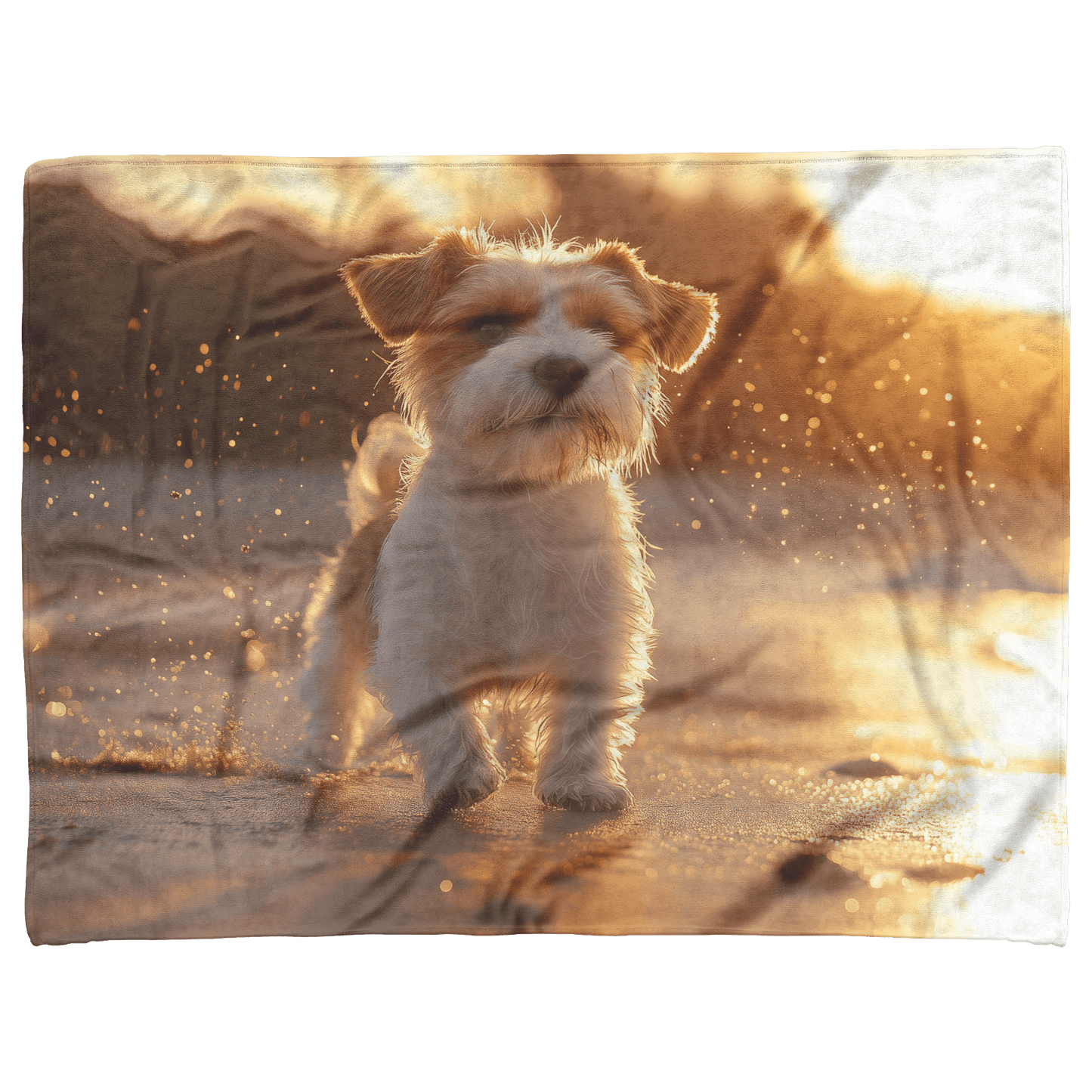 Parson Russell Terrier Standing on Beach Surrounded by Shimmering Golden Sand and Radiant Cosmic Reflections Fleece Sherpa Blanket - Awakening Righteousness