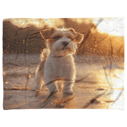 Parson Russell Terrier Standing on Beach Surrounded by Shimmering Golden Sand and Radiant Cosmic Reflections Fleece Sherpa Blanket - Awakening Righteousness