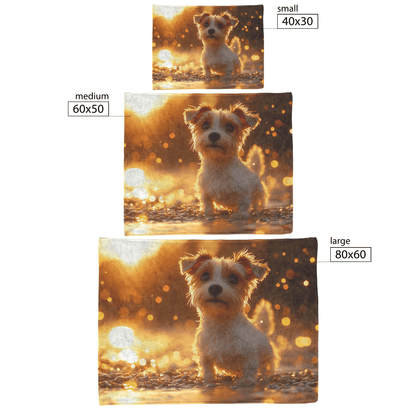 Parson Russell Terrier Standing on Beach Surrounded by Shimmering Golden Sand and Radiant Reflections Fleece Sherpa Blanket - Awakening Righteousness