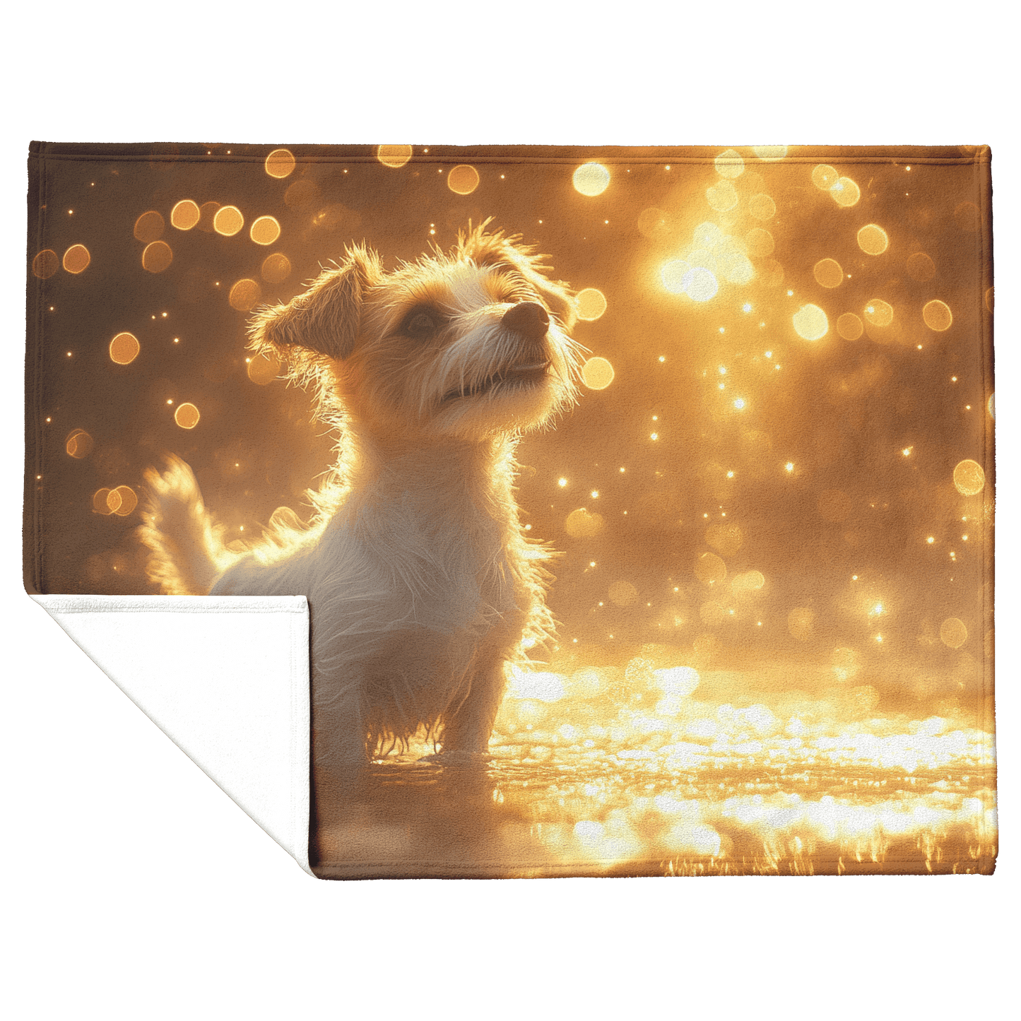 Parson Russell Terrier Standing on Beach Surrounded by Shimmering Golden Sand and Radiant Reflections Fleece Sherpa Blanket - Awakening Righteousness
