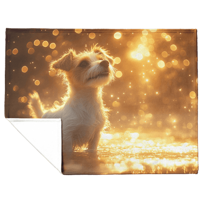Parson Russell Terrier Standing on Beach Surrounded by Shimmering Golden Sand and Radiant Reflections Fleece Sherpa Blanket - Awakening Righteousness