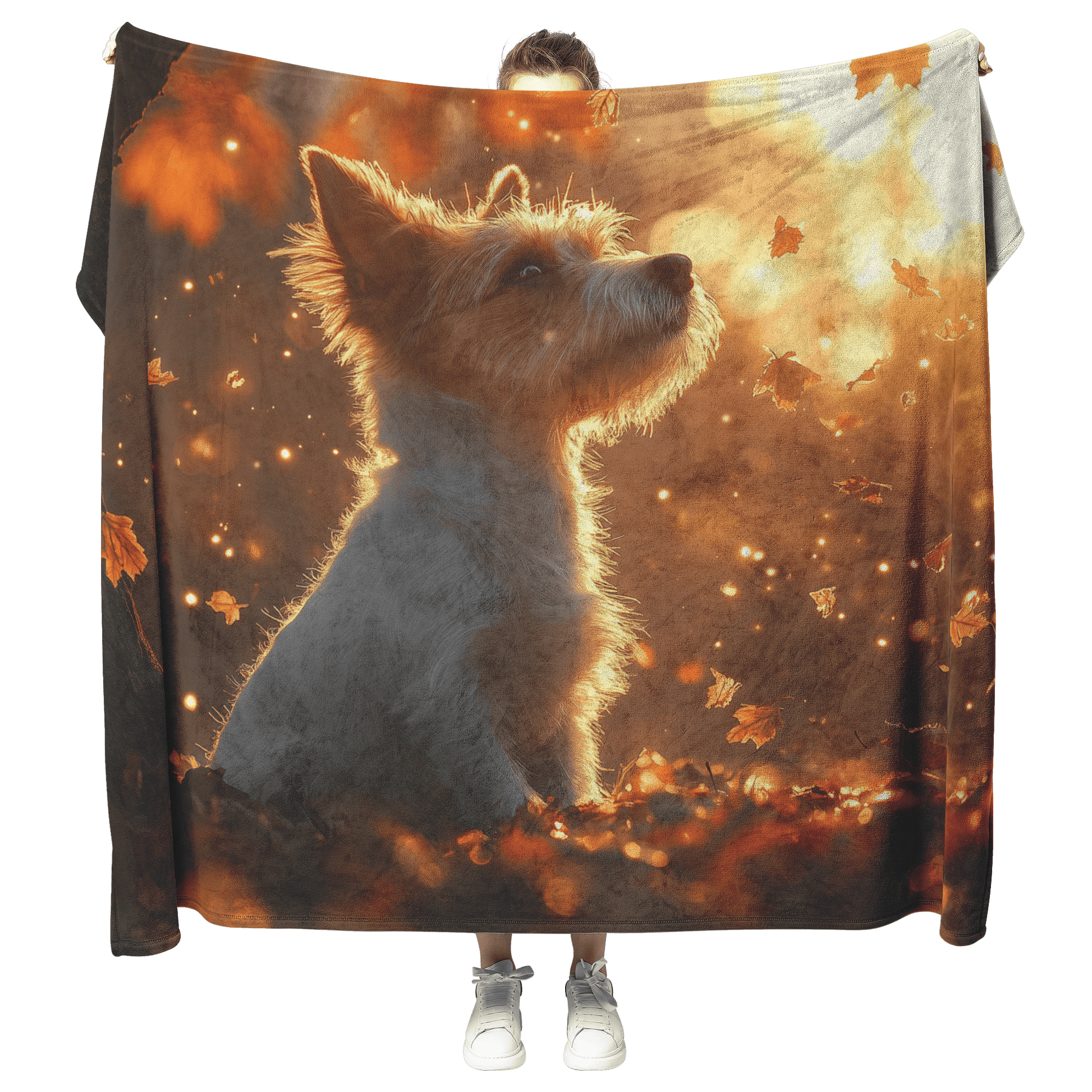 Parson Russell Terrier With Glowing Fur Sitting Under Tree Surrounded by Shimmering Textures and Light Trails Fleece Sherpa Blanket - Awakening Righteousness