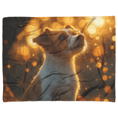 Parson Russell Terrier With Glowing Fur Sitting Under Tree Surrounded by Shimmering Textures and Light Trails Fleece Sherpa Blanket - Awakening Righteousness