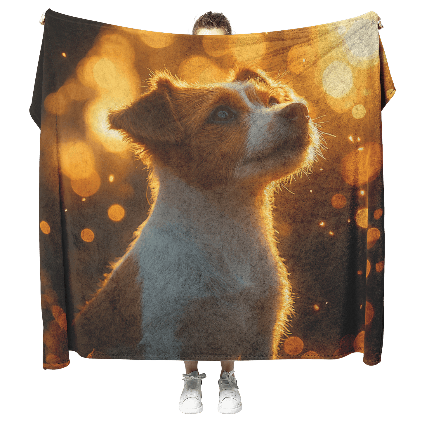 Parson Russell Terrier With Glowing Fur Sitting Under Tree Surrounded by Shimmering Textures and Light Trails Fleece Sherpa Blanket - Awakening Righteousness