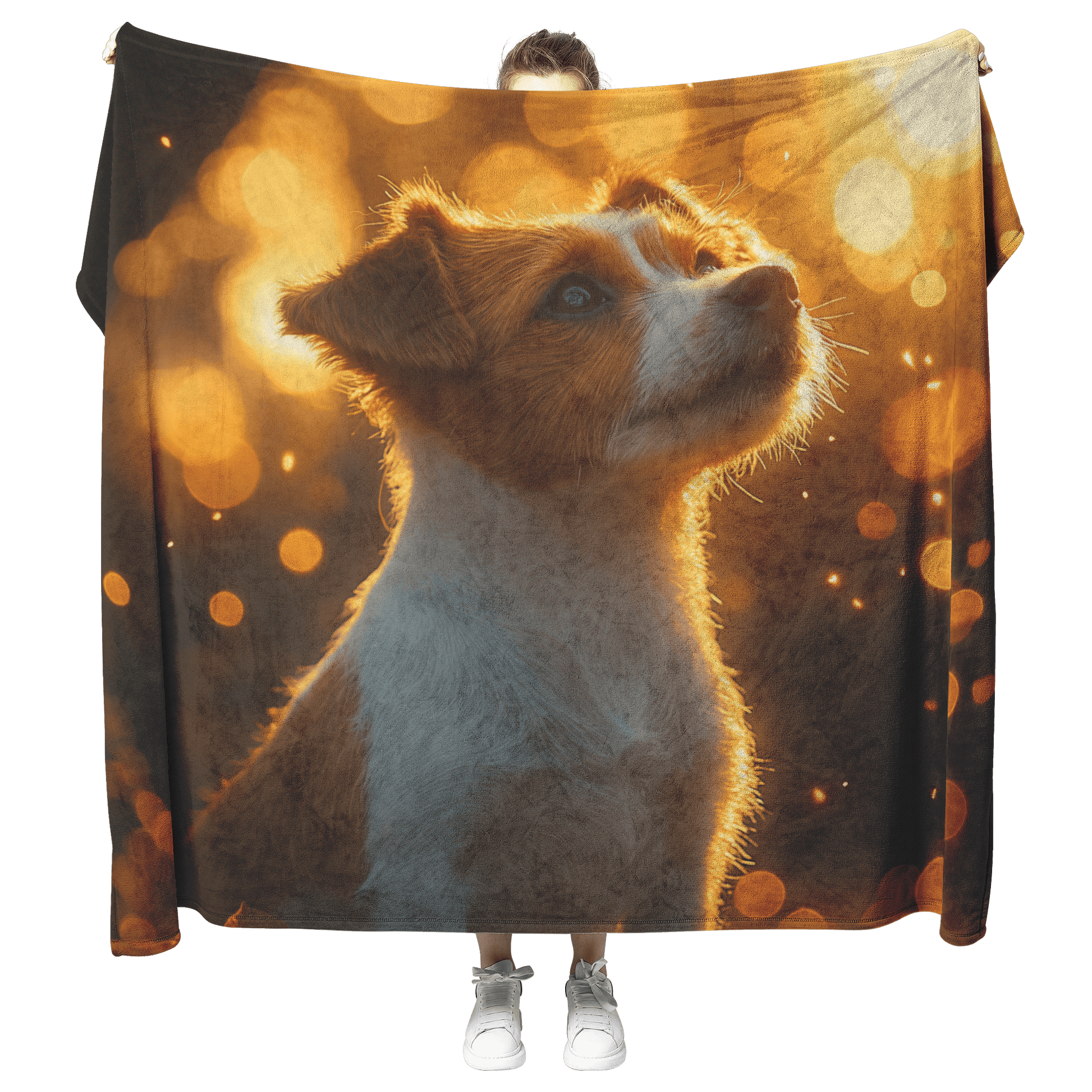 Parson Russell Terrier With Glowing Fur Sitting Under Tree Surrounded by Shimmering Textures and Light Trails Fleece Sherpa Blanket - Awakening Righteousness